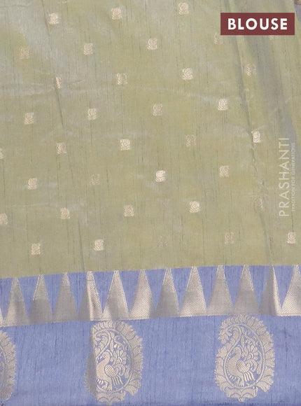 Semi raw silk saree elaichi green and grey with allover kalamkari prints & 1000 zari buttas and zari woven paisley butta border