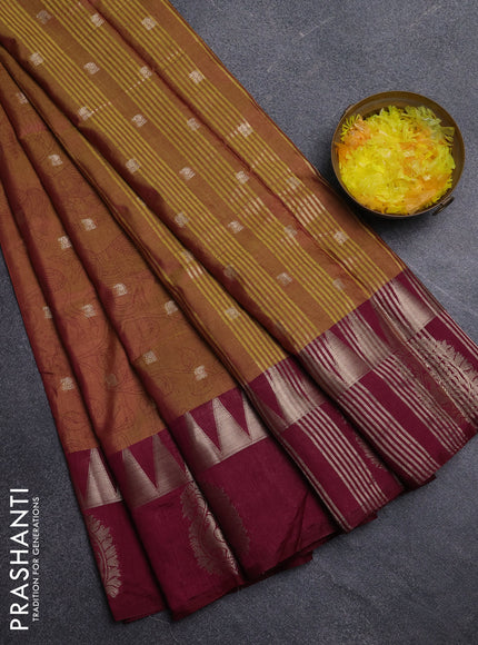 Semi raw silk saree dark mustard and wine shade with allover kalamkari prints & 1000 zari buttas and zari woven paisley butta border