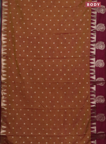 Semi raw silk saree dark mustard and wine shade with allover kalamkari prints & 1000 zari buttas and zari woven paisley butta border