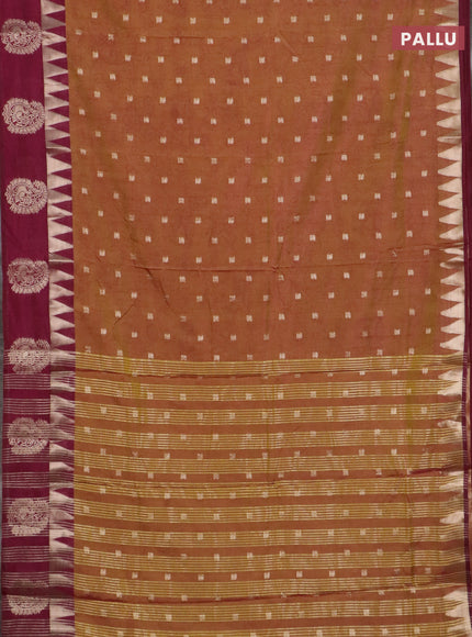 Semi raw silk saree dark mustard and wine shade with allover kalamkari prints & 1000 zari buttas and zari woven paisley butta border