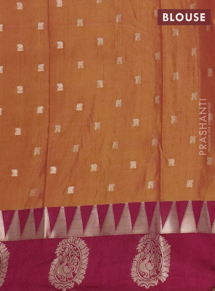 Semi raw silk saree dark mustard and wine shade with allover kalamkari prints & 1000 zari buttas and zari woven paisley butta border