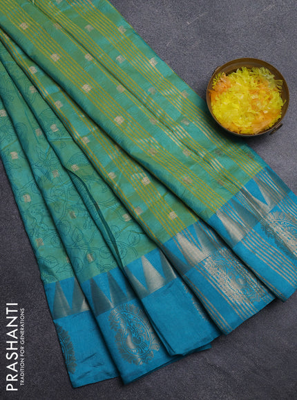 Semi raw silk saree dual shade of teal bluish green and teal blue with allover kalamkari prints & 1000 zari buttas and zari woven paisley butta border