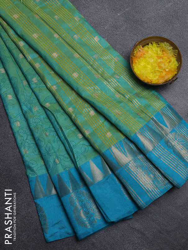 Semi raw silk saree dual shade of teal bluish green and teal blue with allover kalamkari prints & 1000 zari buttas and zari woven paisley butta border
