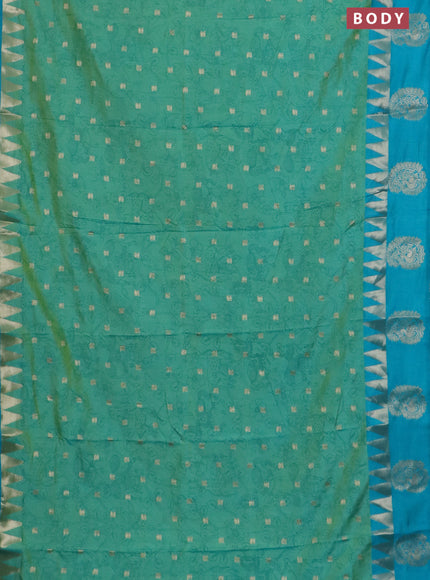 Semi raw silk saree dual shade of teal bluish green and teal blue with allover kalamkari prints & 1000 zari buttas and zari woven paisley butta border