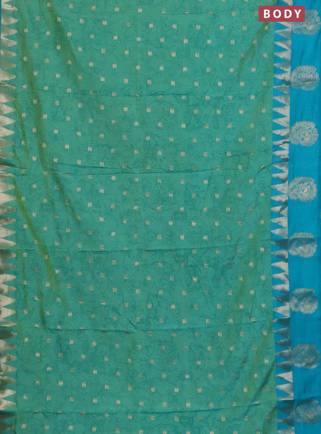 Semi raw silk saree dual shade of teal bluish green and teal blue with allover kalamkari prints & 1000 zari buttas and zari woven paisley butta border