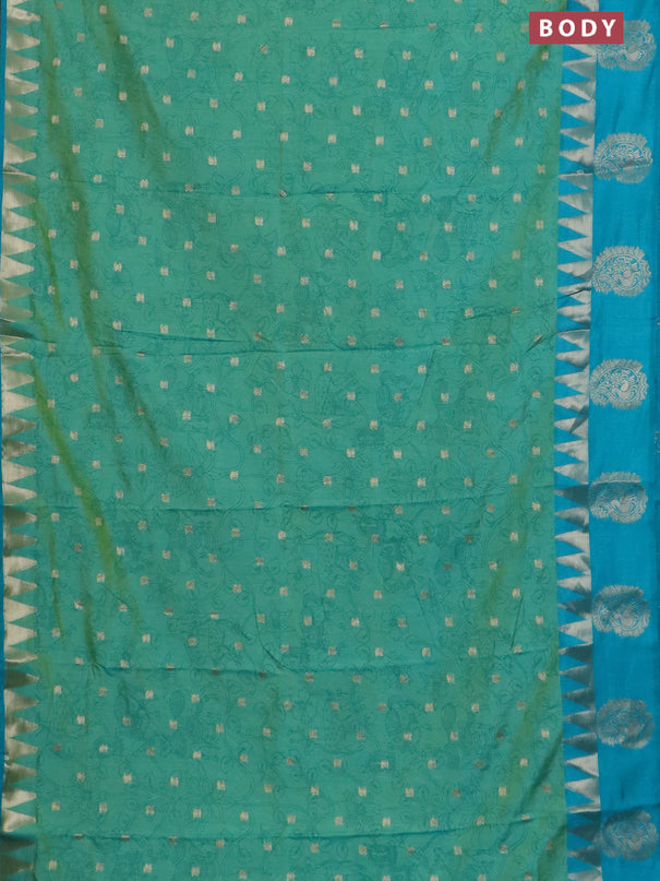 Semi raw silk saree dual shade of teal bluish green and teal blue with allover kalamkari prints & 1000 zari buttas and zari woven paisley butta border