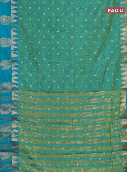 Semi raw silk saree dual shade of teal bluish green and teal blue with allover kalamkari prints & 1000 zari buttas and zari woven paisley butta border