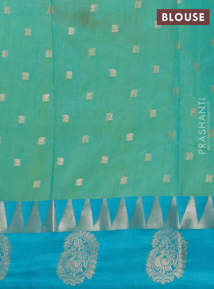 Semi raw silk saree dual shade of teal bluish green and teal blue with allover kalamkari prints & 1000 zari buttas and zari woven paisley butta border