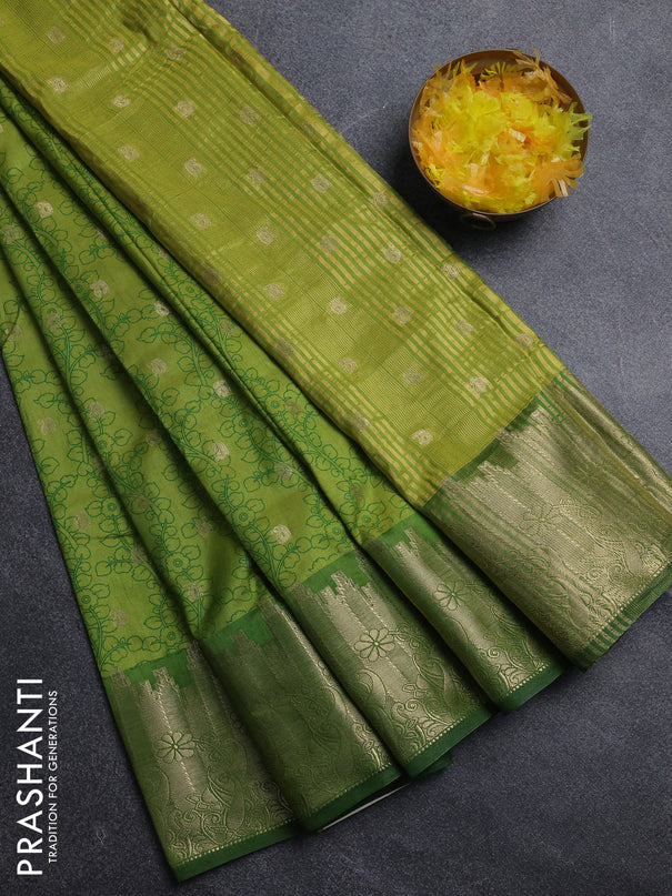 Semi raw silk saree light green and green with allover kalamkari prints & 1000 zari buttas and zari woven border