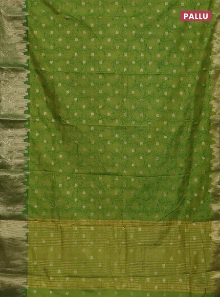 Semi raw silk saree light green and green with allover kalamkari prints & 1000 zari buttas and zari woven border