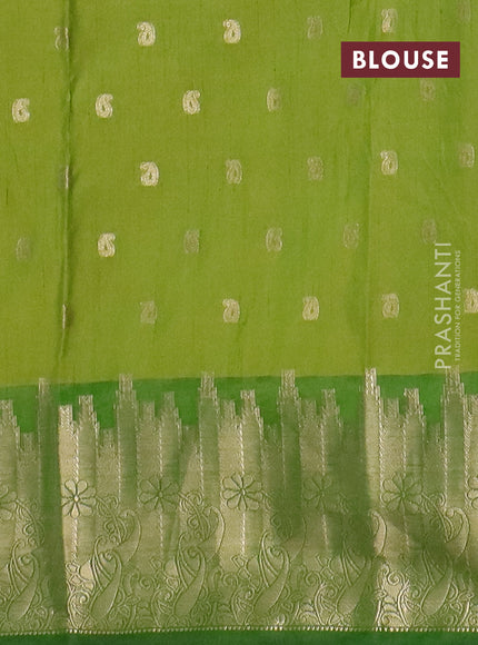 Semi raw silk saree light green and green with allover kalamkari prints & 1000 zari buttas and zari woven border