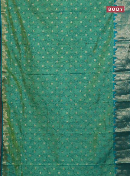 Semi raw silk saree dual shade of teal bluish green and teal green with allover kalamkari prints & 1000 zari buttas and zari woven border
