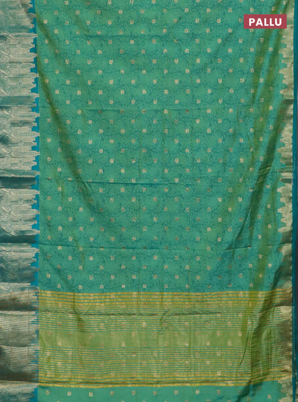 Semi raw silk saree dual shade of teal bluish green and teal green with allover kalamkari prints & 1000 zari buttas and zari woven border
