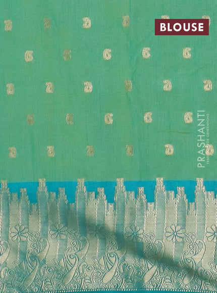 Semi raw silk saree dual shade of teal bluish green and teal green with allover kalamkari prints & 1000 zari buttas and zari woven border