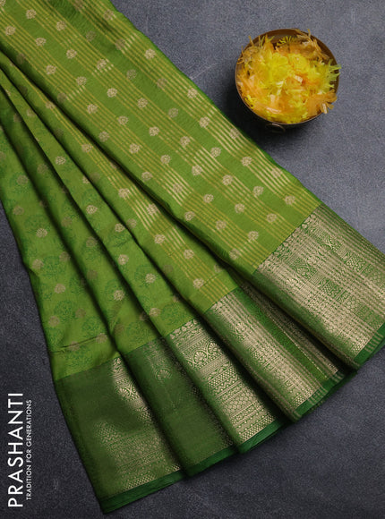 Semi raw silk saree light green and green with allover floral butta prints & 1000 zari buttas and zari woven border