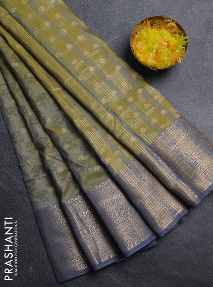Semi raw silk saree elaichi green and grey with allover floral butta prints & 1000 zari buttas and zari woven border