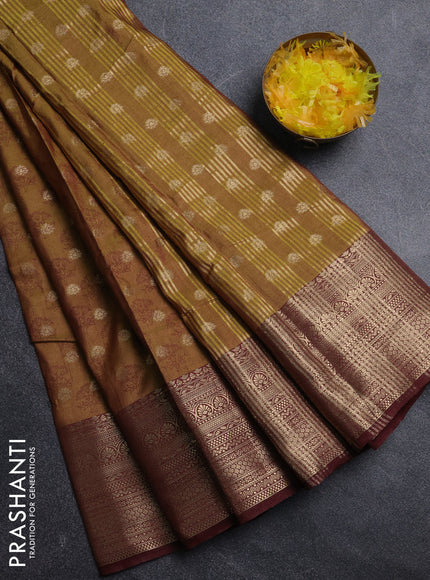 Semi raw silk saree mehendi green and brown with allover floral butta prints & 1000 zari buttas and zari woven border