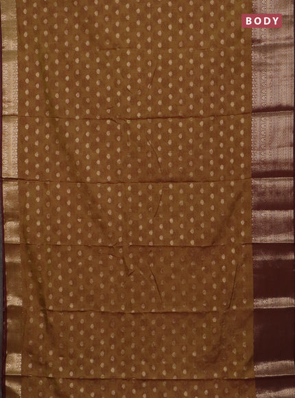 Semi raw silk saree mehendi green and brown with allover floral butta prints & 1000 zari buttas and zari woven border