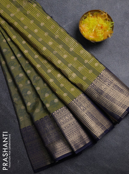 Semi raw silk saree mehendi green and navy blue with allover floral butta prints & 1000 zari buttas and zari woven border