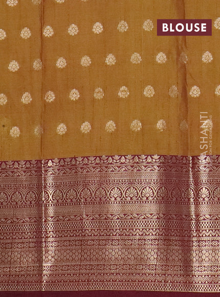 Semi raw silk saree dark mustard green and wine shade with allover floral butta prints & 1000 zari buttas and zari woven border
