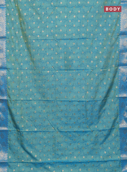 Semi raw silk saree dual shade of teal blue and cs blue with allover kalamkari prints & 1000 zari buttas and zari woven border
