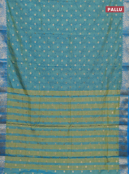 Semi raw silk saree dual shade of teal blue and cs blue with allover kalamkari prints & 1000 zari buttas and zari woven border