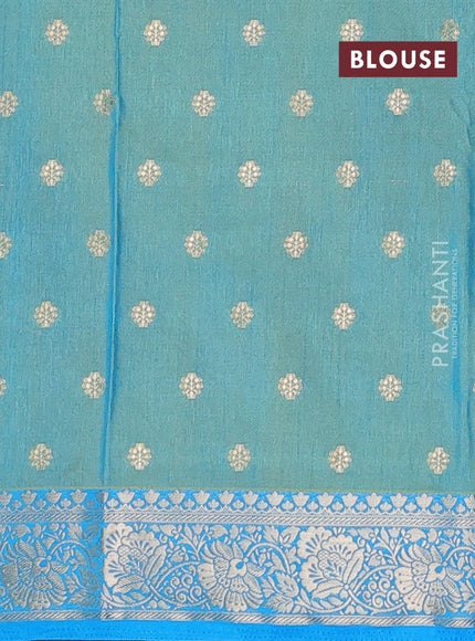 Semi raw silk saree dual shade of teal blue and cs blue with allover kalamkari prints & 1000 zari buttas and zari woven border