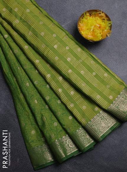Semi raw silk saree light green and green with allover kalamkari prints & 1000 zari buttas and zari woven border