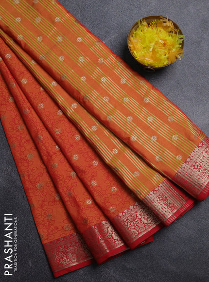 Semi raw silk saree dual shade of orange and red with allover kalamkari prints & 1000 zari buttas and zari woven border
