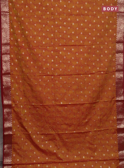 Semi raw silk saree dark mustard and maroon with allover kalamkari prints & 1000 zari buttas and zari woven border