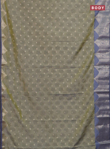 Semi raw silk saree elaichi green and grey with allover floral butta prints & 1000 zari buttas and temple design zari woven border