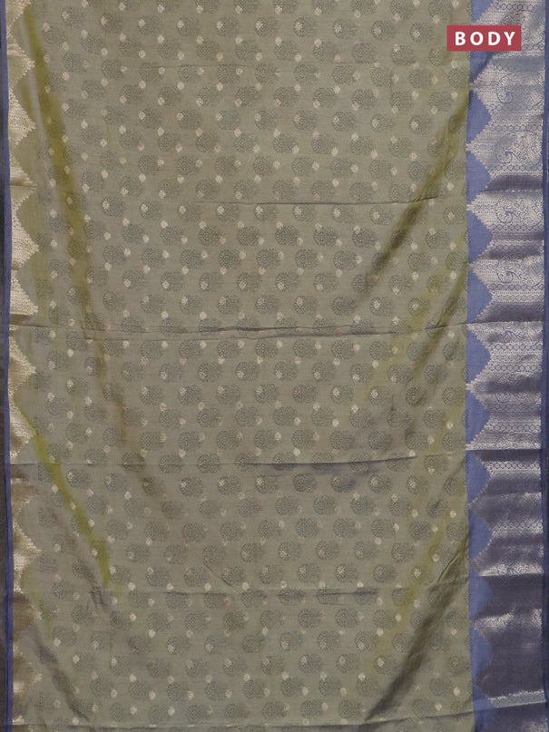 Semi raw silk saree elaichi green and grey with allover floral butta prints & 1000 zari buttas and temple design zari woven border