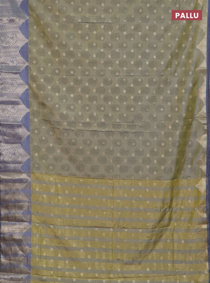 Semi raw silk saree elaichi green and grey with allover floral butta prints & 1000 zari buttas and temple design zari woven border