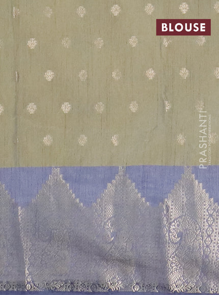Semi raw silk saree elaichi green and grey with allover floral butta prints & 1000 zari buttas and temple design zari woven border
