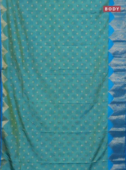 Semi raw silk saree dual shade of teal bluish green and cs blue with allover floral butta prints & 1000 zari buttas and temple design zari woven border