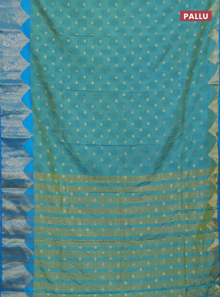 Semi raw silk saree dual shade of teal bluish green and cs blue with allover floral butta prints & 1000 zari buttas and temple design zari woven border