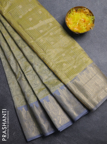Semi raw silk saree elaichi green and grey with allover kalamkari prints & 1000 zari buttas and zari woven border