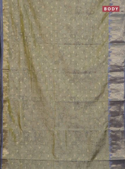 Semi raw silk saree elaichi green and grey with allover kalamkari prints & 1000 zari buttas and zari woven border