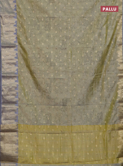 Semi raw silk saree elaichi green and grey with allover kalamkari prints & 1000 zari buttas and zari woven border