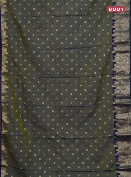 Semi raw silk saree dual shade of mehendi green and navy blue with allover kalamkari prints & 1000 zari buttas and zari woven border