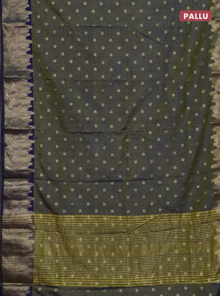 Semi raw silk saree dual shade of mehendi green and navy blue with allover kalamkari prints & 1000 zari buttas and zari woven border