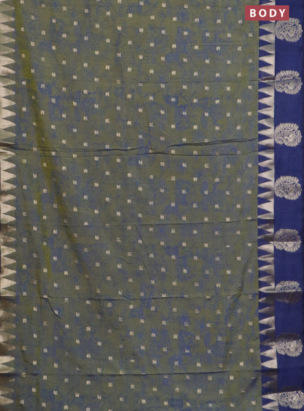 Semi raw silk saree sap green and navy blue with allover kalamkari prints & 1000 zari buttas and temple design zari butta border
