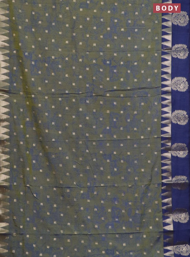 Semi raw silk saree sap green and navy blue with allover kalamkari prints & 1000 zari buttas and temple design zari butta border