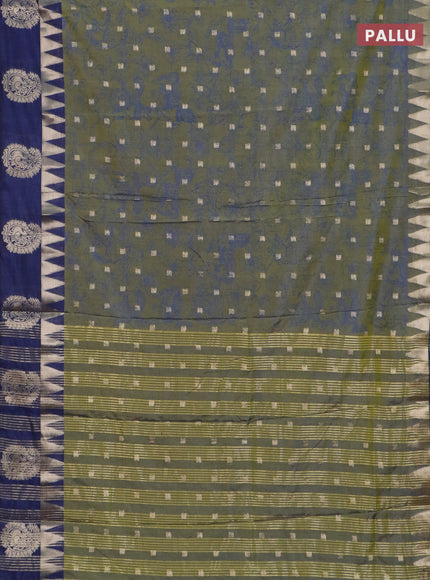 Semi raw silk saree sap green and navy blue with allover kalamkari prints & 1000 zari buttas and temple design zari butta border