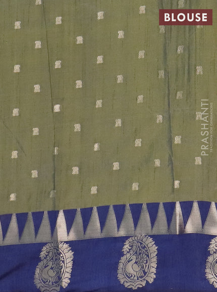 Semi raw silk saree sap green and navy blue with allover kalamkari prints & 1000 zari buttas and temple design zari butta border