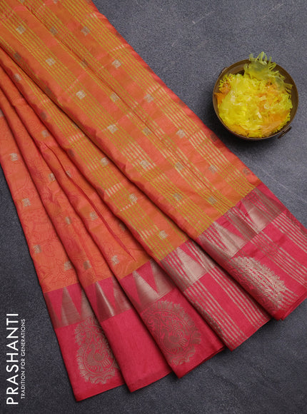 Semi raw silk saree orange and pink with allover kalamkari prints & 1000 zari buttas and temple design zari butta border