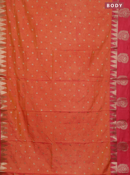 Semi raw silk saree orange and pink with allover kalamkari prints & 1000 zari buttas and temple design zari butta border