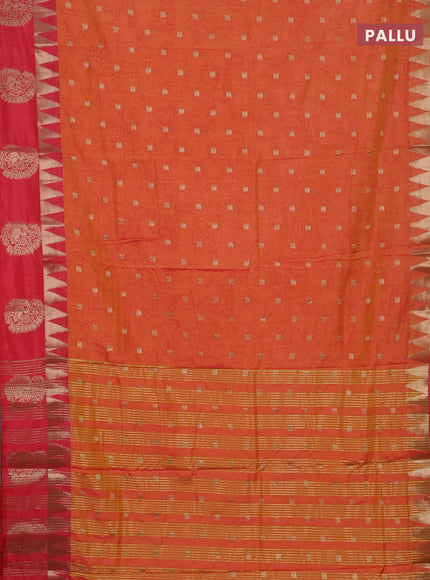 Semi raw silk saree orange and pink with allover kalamkari prints & 1000 zari buttas and temple design zari butta border