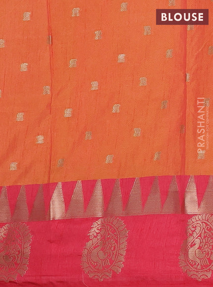 Semi raw silk saree orange and pink with allover kalamkari prints & 1000 zari buttas and temple design zari butta border