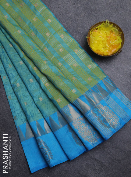 Semi raw silk saree teal shade and cs blue with allover kalamkari prints & 1000 zari buttas and temple design zari butta border